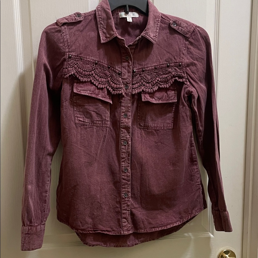 Burgundy Rustic Western Button-Up Shirt with Lace Detail